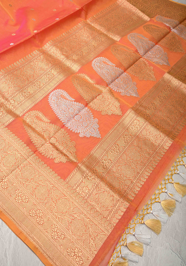 Exquisite Banarasi Kora Silk Saree with Chunri Buttas in Pink and Mustard Dual Tone with Zari Border | SILK MARK CERTIFIED