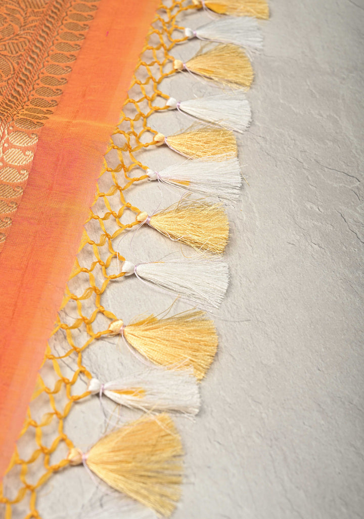 Exquisite Banarasi Kora Silk Saree with Chunri Buttas in Pink and Mustard Dual Tone with Zari Border | SILK MARK CERTIFIED