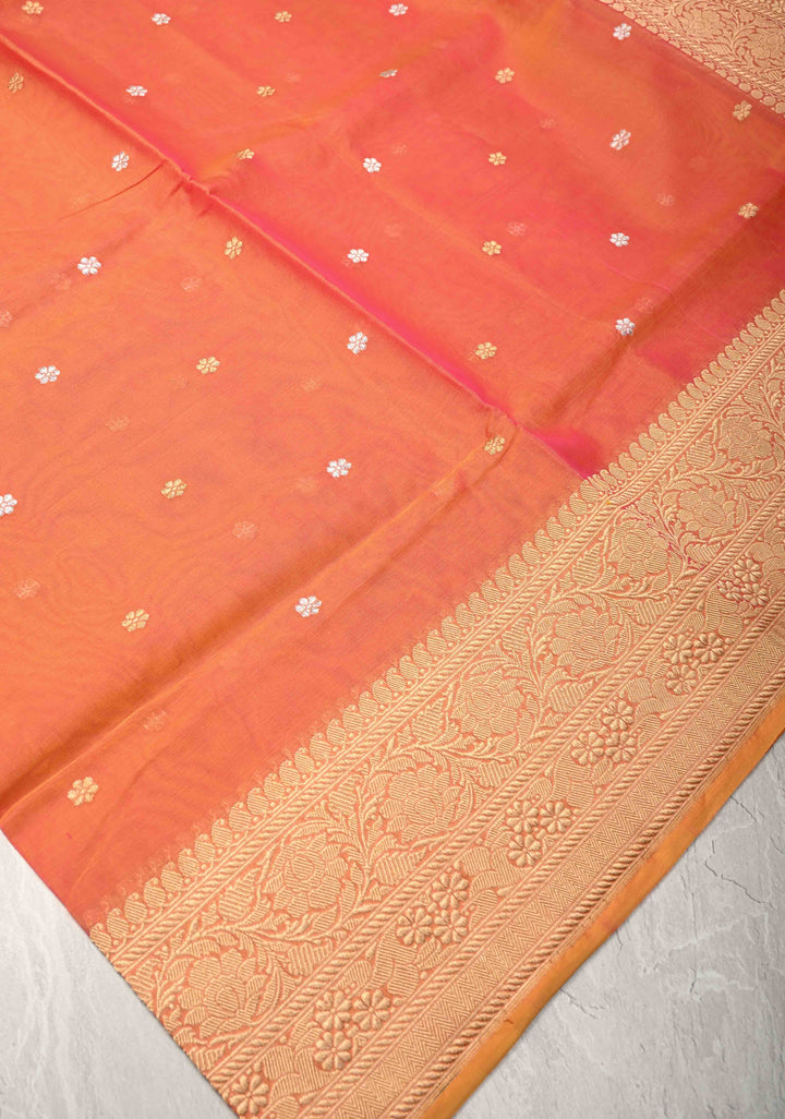 Exquisite Banarasi Kora Silk Saree with Chunri Buttas in Pink and Mustard Dual Tone with Zari Border | SILK MARK CERTIFIED
