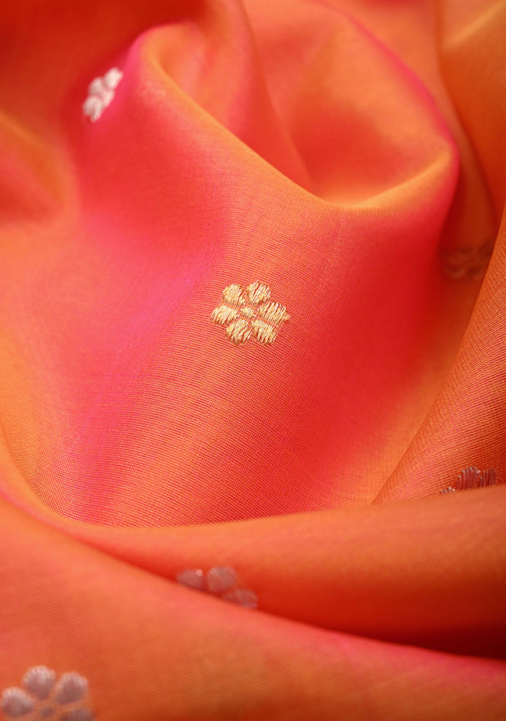 Exquisite Banarasi Kora Silk Saree with Chunri Buttas in Pink and Mustard Dual Tone with Zari Border | SILK MARK CERTIFIED