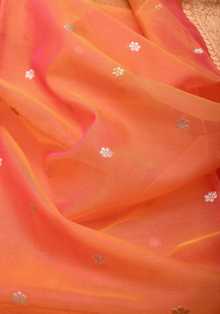Exquisite Banarasi Kora Silk Saree with Chunri Buttas in Pink and Mustard Dual Tone with Zari Border | SILK MARK CERTIFIED