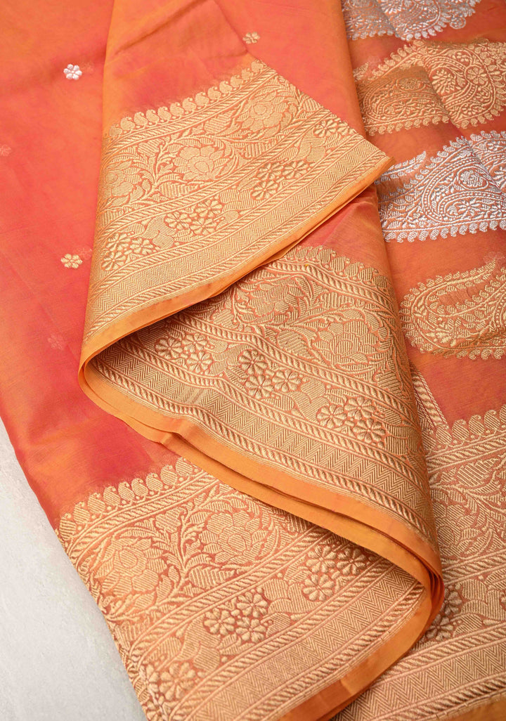 Exquisite Banarasi Kora Silk Saree with Chunri Buttas in Pink and Mustard Dual Tone with Zari Border | SILK MARK CERTIFIED