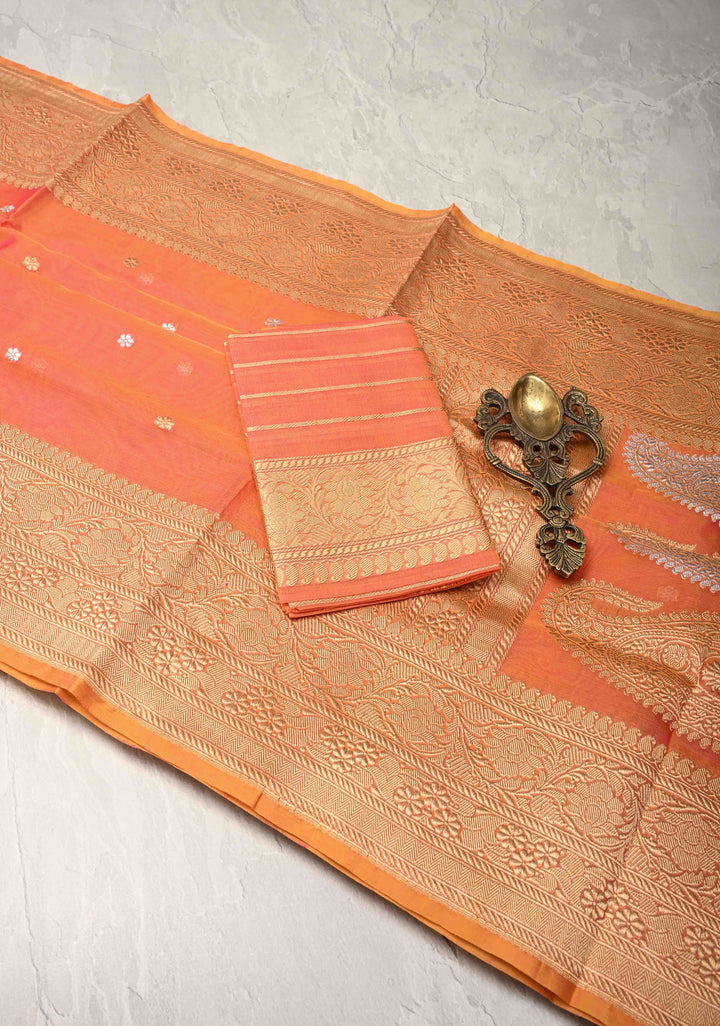 Exquisite Banarasi Kora Silk Saree with Chunri Buttas in Pink and Mustard Dual Tone with Zari Border | SILK MARK CERTIFIED