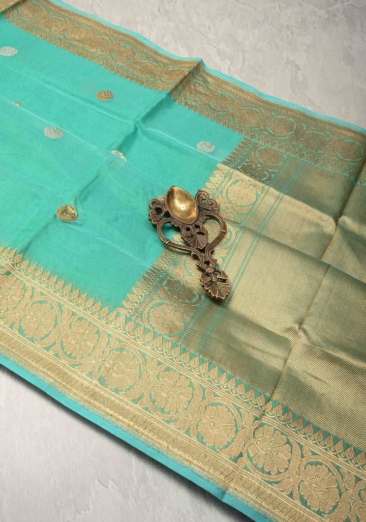 Sea Green  Banarasi Kora Silk Saree with Sona Rupa Chand Tara Buttas  and Zari Border | SILK MARK CERTIFIED