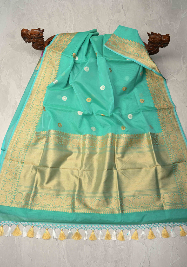 Sea Green  Banarasi Kora Silk Saree with Sona Rupa Chand Tara Buttas  and Zari Border | SILK MARK CERTIFIED