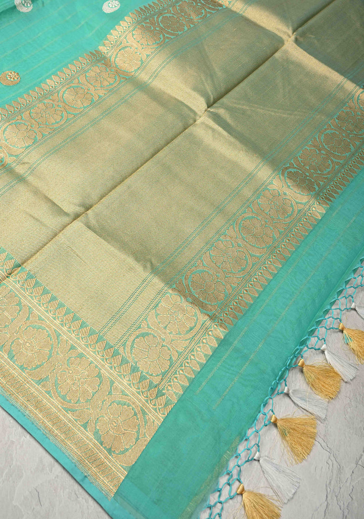 Sea Green  Banarasi Kora Silk Saree with Sona Rupa Chand Tara Buttas  and Zari Border | SILK MARK CERTIFIED