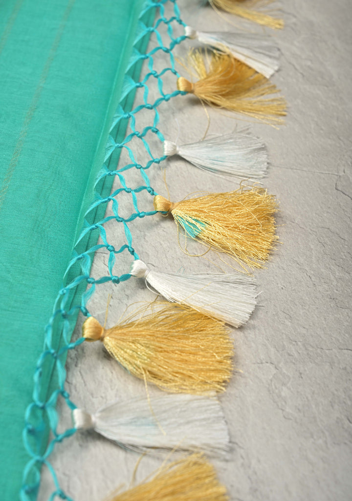 Sea Green  Banarasi Kora Silk Saree with Sona Rupa Chand Tara Buttas  and Zari Border | SILK MARK CERTIFIED