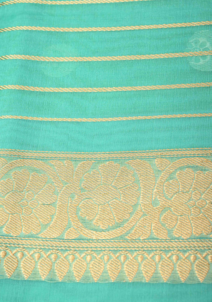 Sea Green  Banarasi Kora Silk Saree with Sona Rupa Chand Tara Buttas  and Zari Border | SILK MARK CERTIFIED