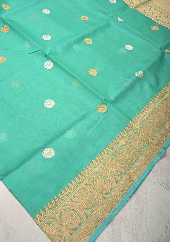 Sea Green  Banarasi Kora Silk Saree with Sona Rupa Chand Tara Buttas  and Zari Border | SILK MARK CERTIFIED