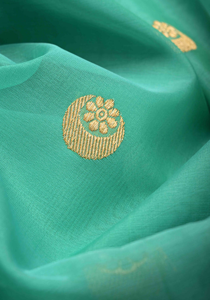 Sea Green  Banarasi Kora Silk Saree with Sona Rupa Chand Tara Buttas  and Zari Border | SILK MARK CERTIFIED