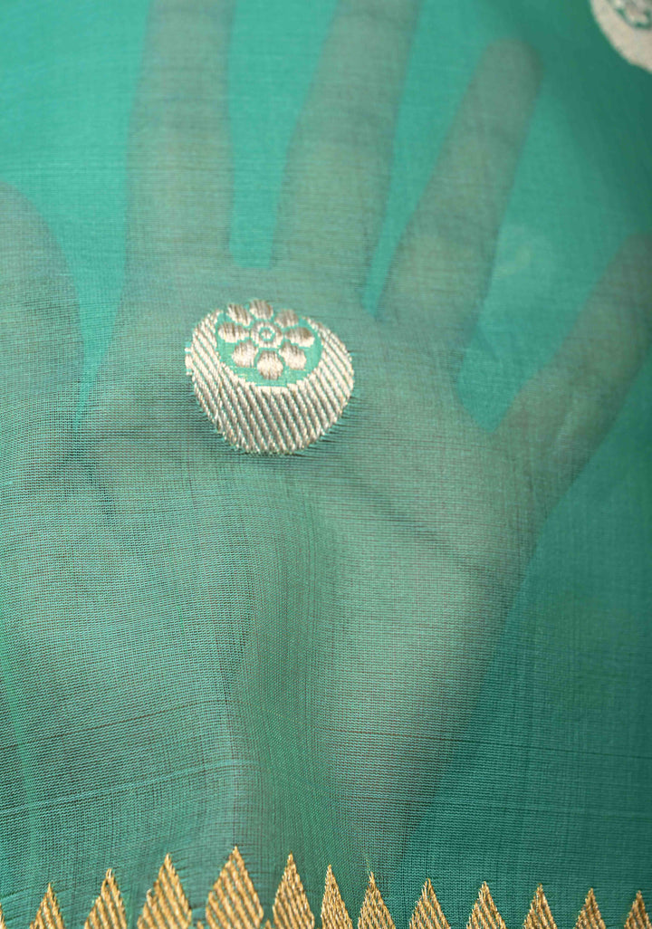 Sea Green  Banarasi Kora Silk Saree with Sona Rupa Chand Tara Buttas  and Zari Border | SILK MARK CERTIFIED