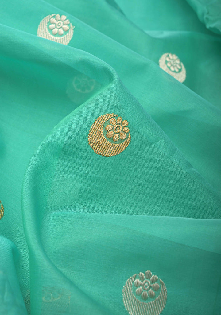 Sea Green  Banarasi Kora Silk Saree with Sona Rupa Chand Tara Buttas  and Zari Border | SILK MARK CERTIFIED