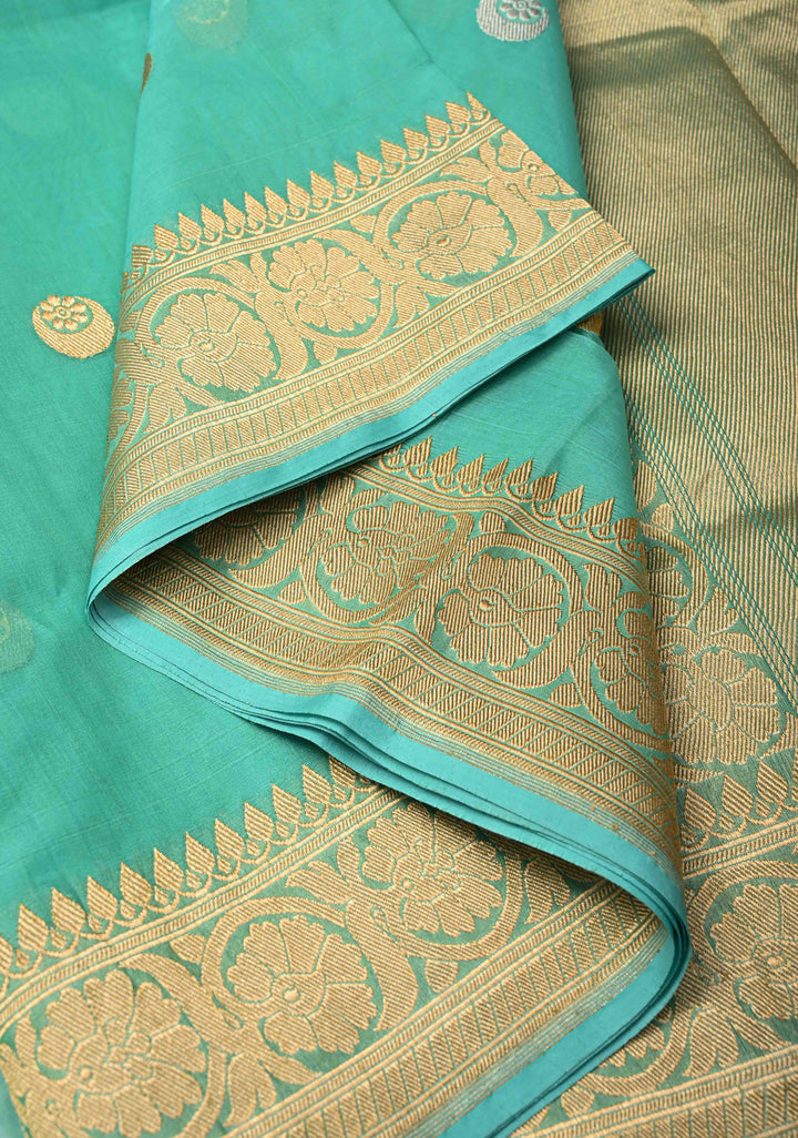 Sea Green  Banarasi Kora Silk Saree with Sona Rupa Chand Tara Buttas  and Zari Border | SILK MARK CERTIFIED