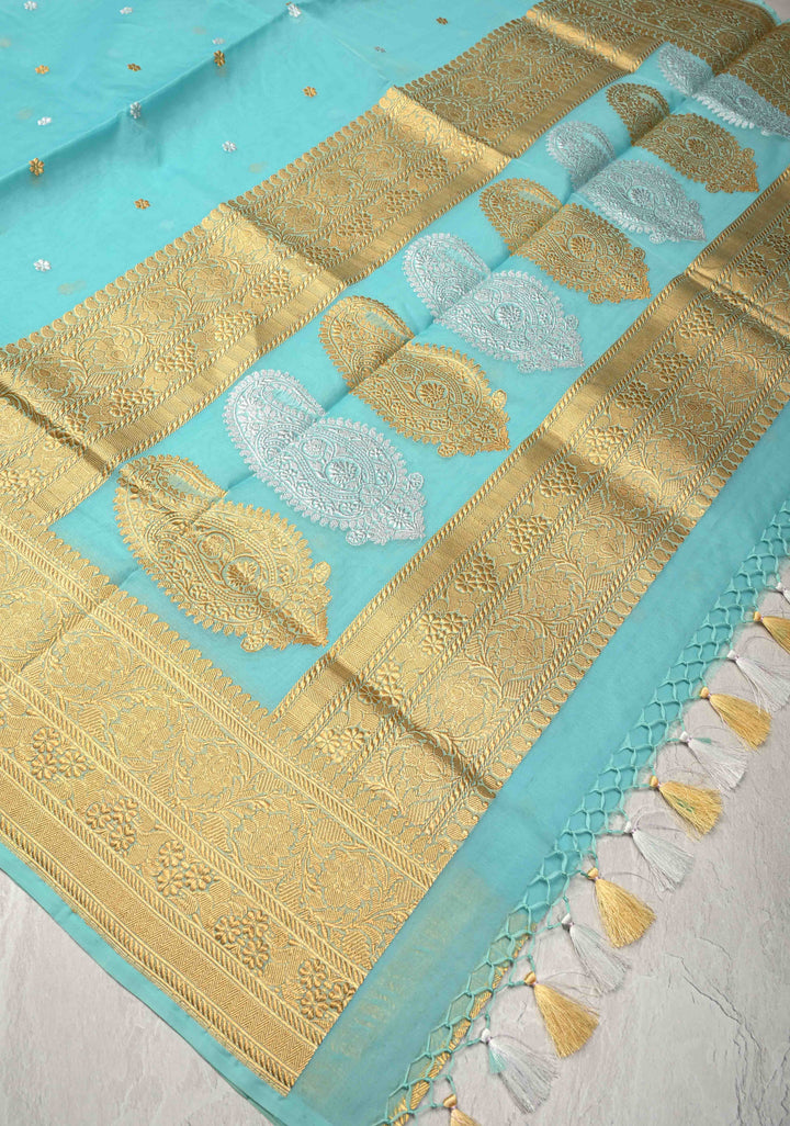 Sky BlueExquisite Banarasi Kora Silk Saree with Chunri Buttas and Zari Border | SILK MARK CERTIFIED