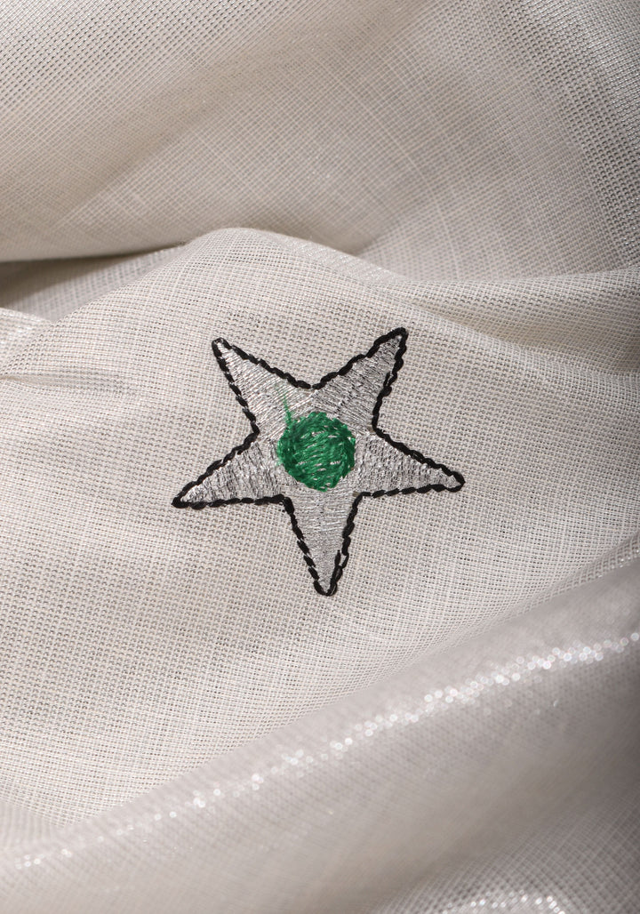 Kerala Tissue Cotton Saree with bells and stars motifs and Zari Border