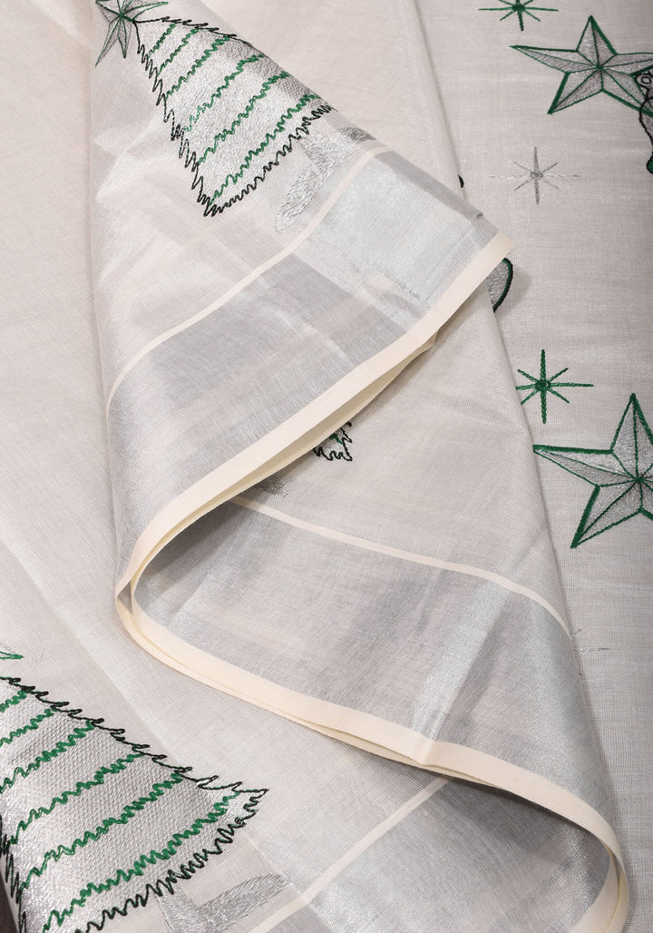 Kerala Tissue Cotton Saree with bells and stars motifs and Zari Border