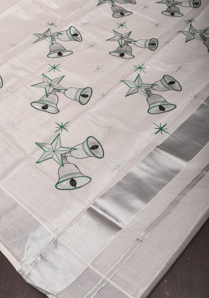 Kerala Tissue Cotton Saree with bells and stars motifs and Zari Border