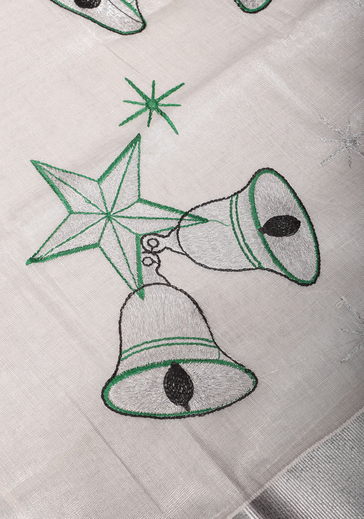 Kerala Tissue Cotton Saree with bells and stars motifs and Zari Border