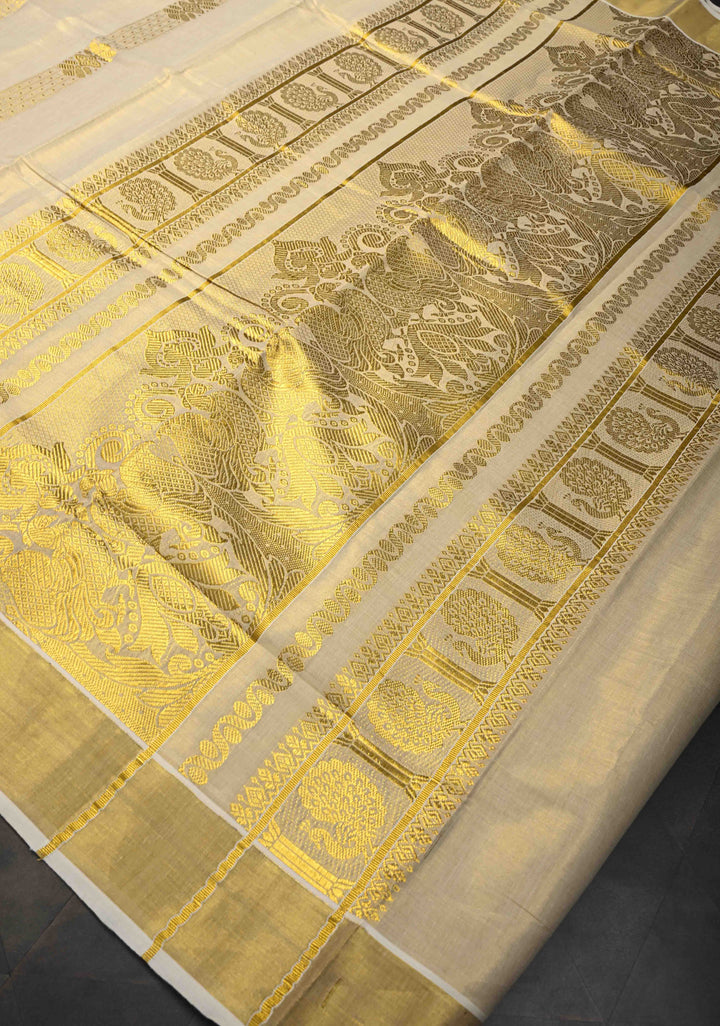 Beige Tissue Cotton Saree with Panel Zari Stripes