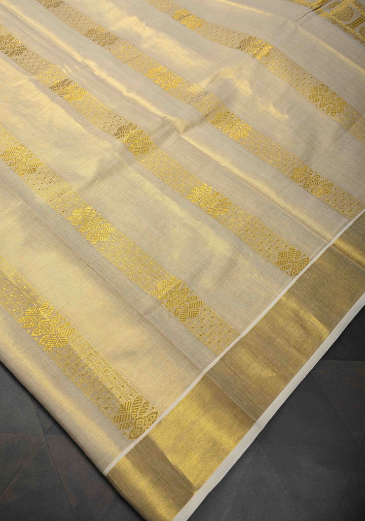 Beige Tissue Cotton Saree with Panel Zari Stripes