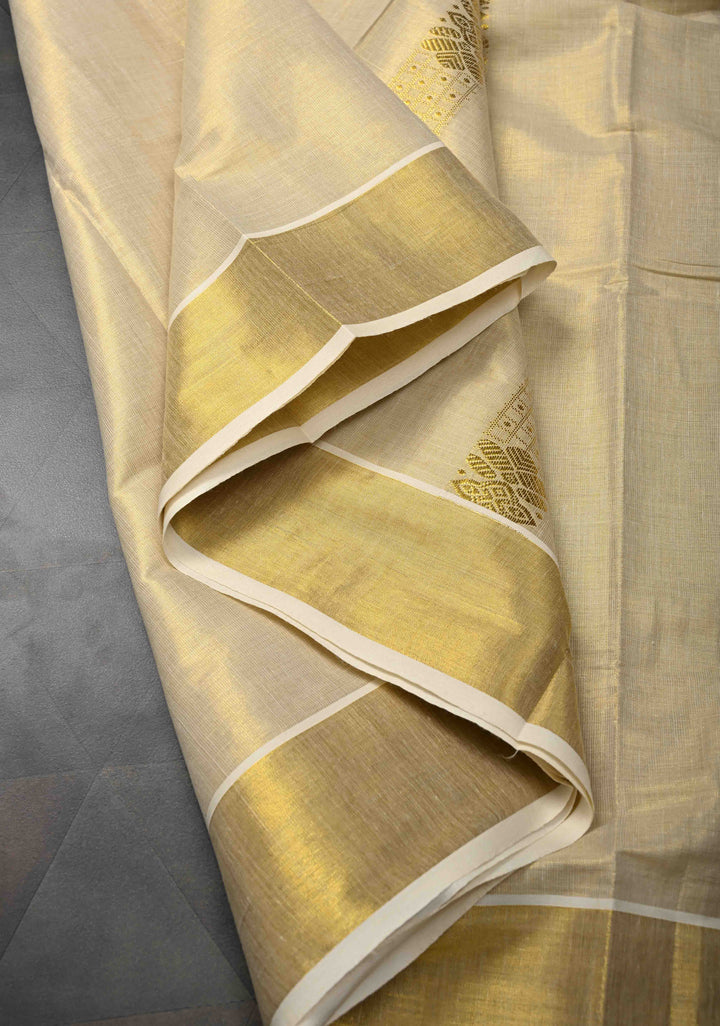 Beige Tissue Cotton Saree with Panel Zari Stripes