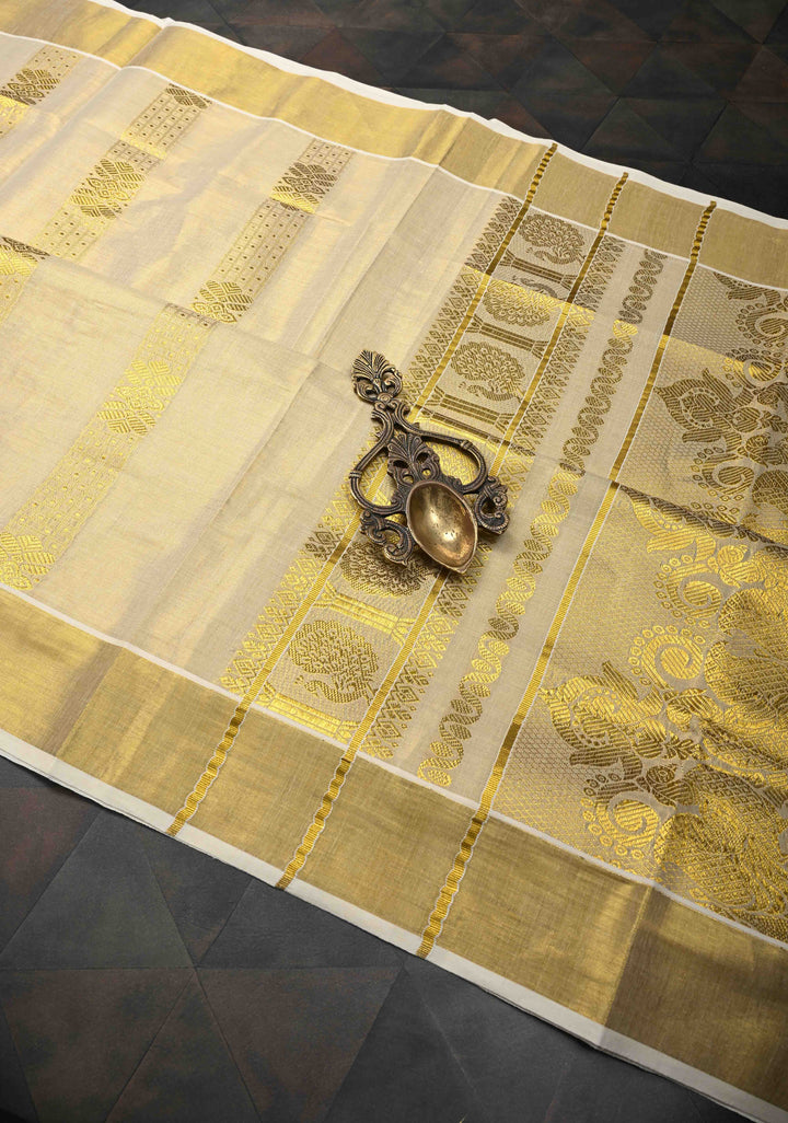 Beige Tissue Cotton Saree with Panel Zari Stripes