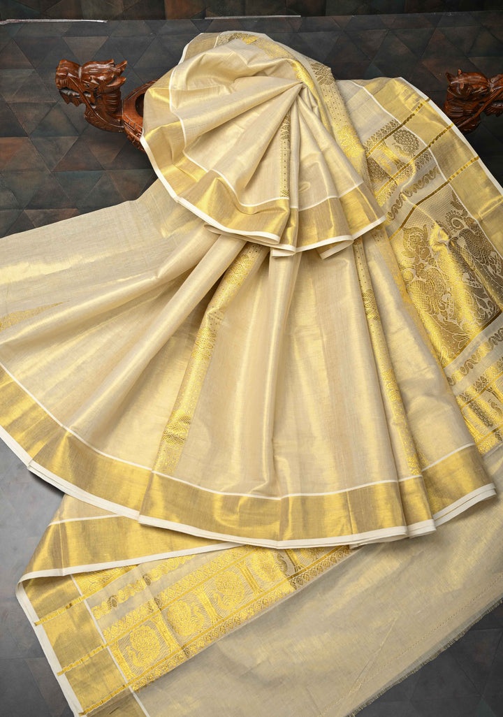 Beige Tissue Cotton Saree with Panel Zari Stripes
