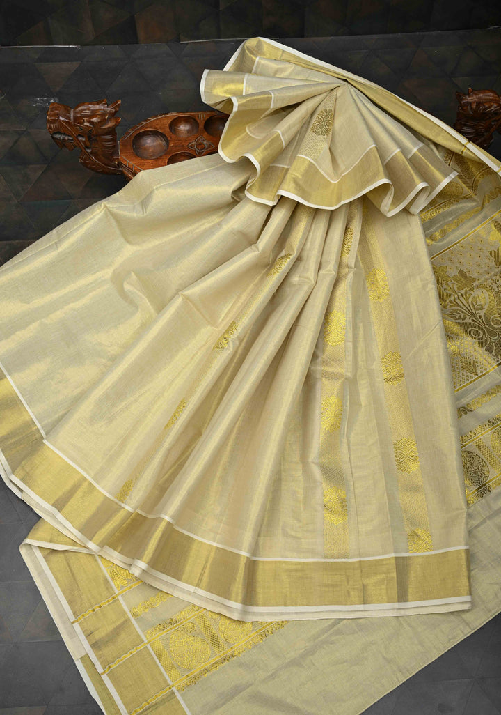 Beige Tissue Cotton Saree with Panel Zari Stripes