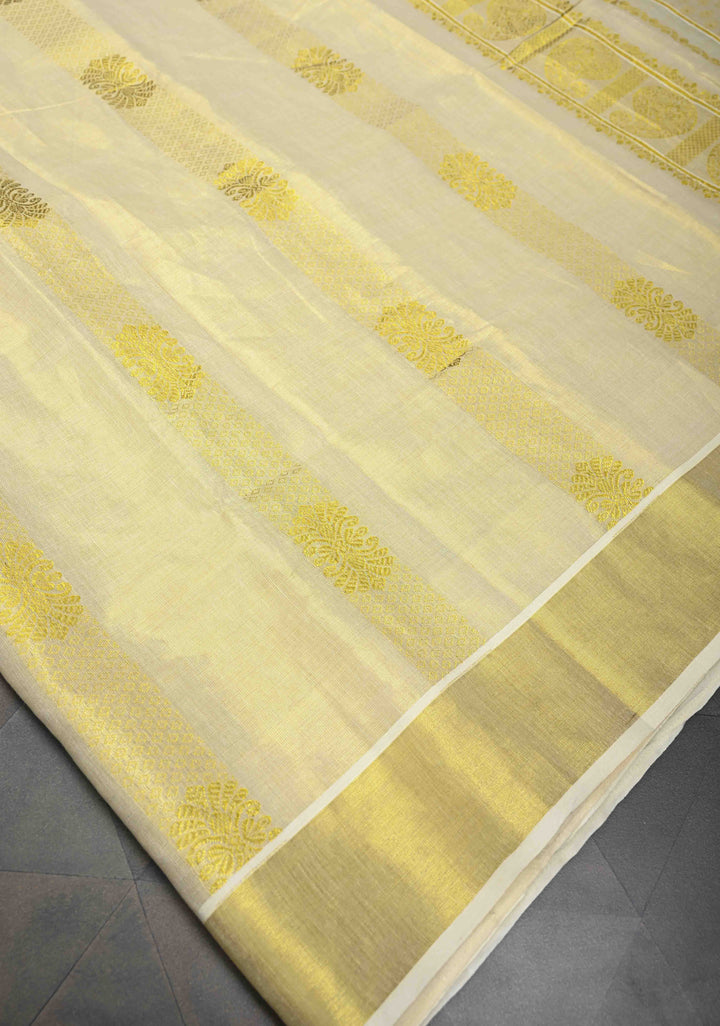 Beige Tissue Cotton Saree with Panel Zari Stripes