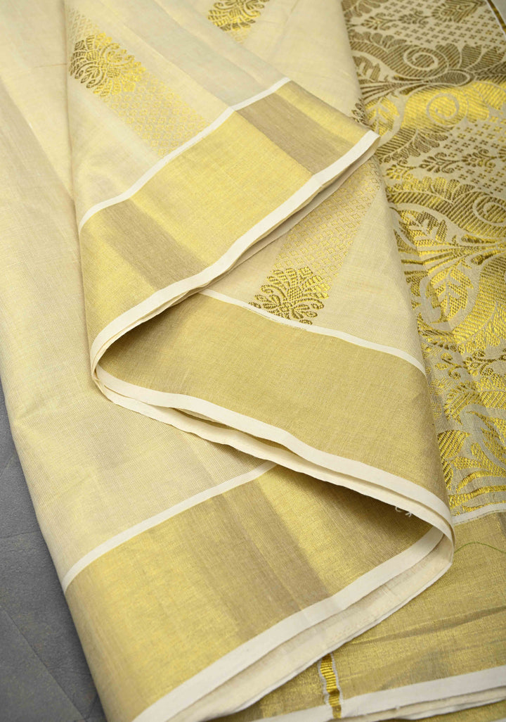 Beige Tissue Cotton Saree with Panel Zari Stripes