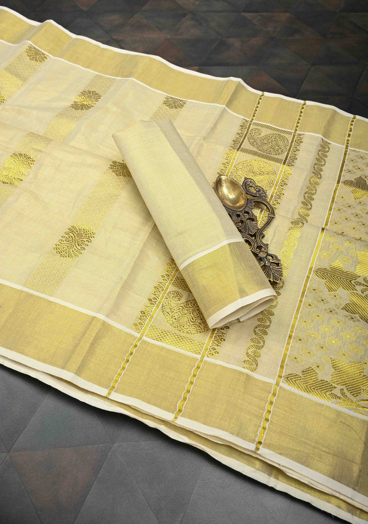 Beige Tissue Cotton Saree with Panel Zari Stripes