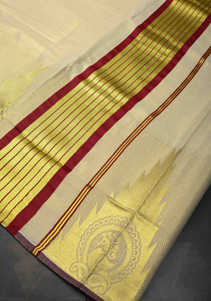 Beige Tissue Cotton Saree with Distinct Peacock On Temple Border