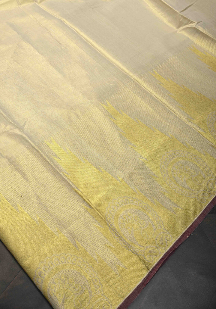 Beige Tissue Cotton Saree with Distinct Peacock On Temple Border