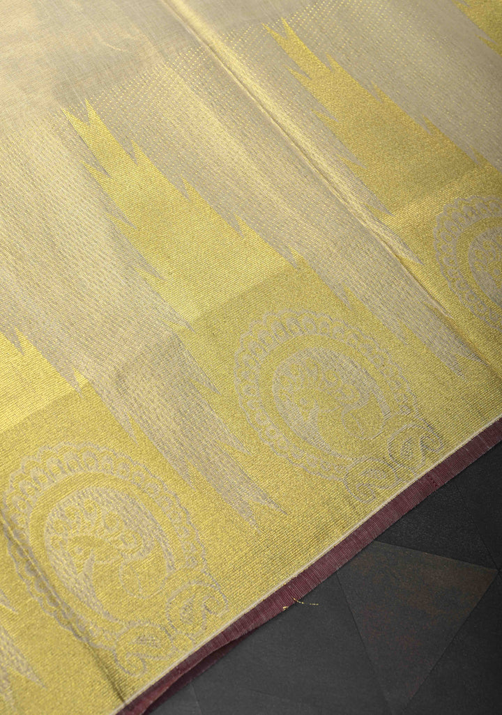 Beige Tissue Cotton Saree with Distinct Peacock On Temple Border
