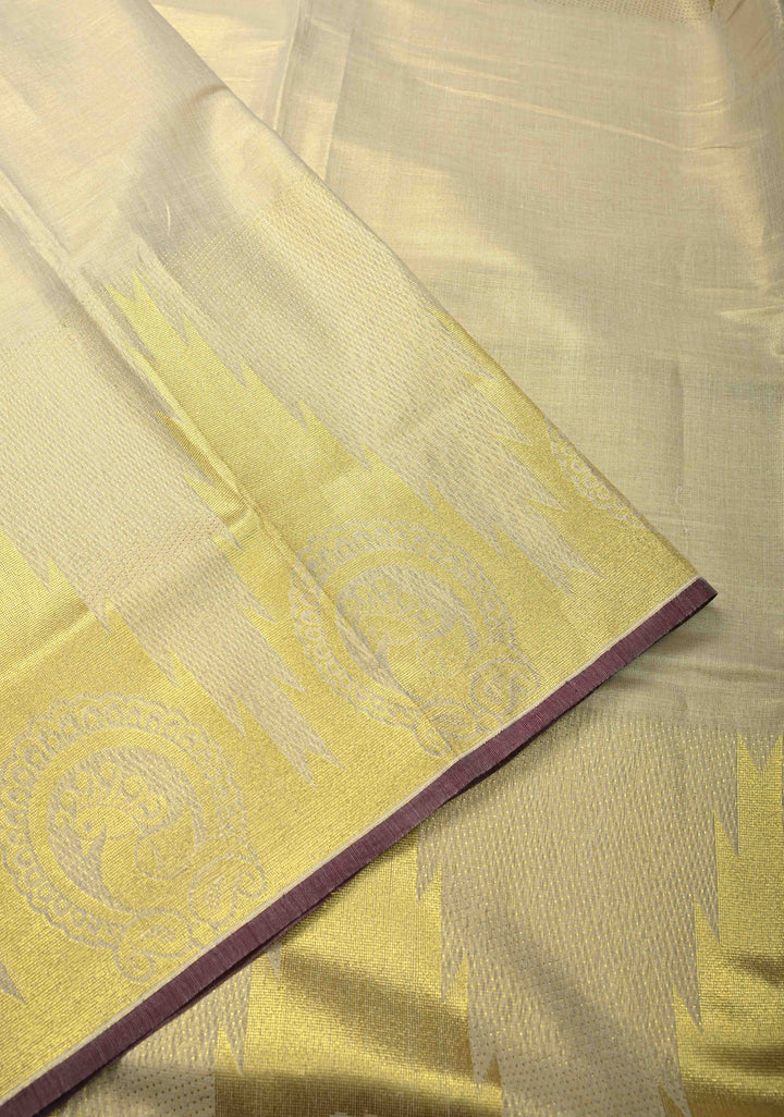 Beige Tissue Cotton Saree with Distinct Peacock On Temple Border