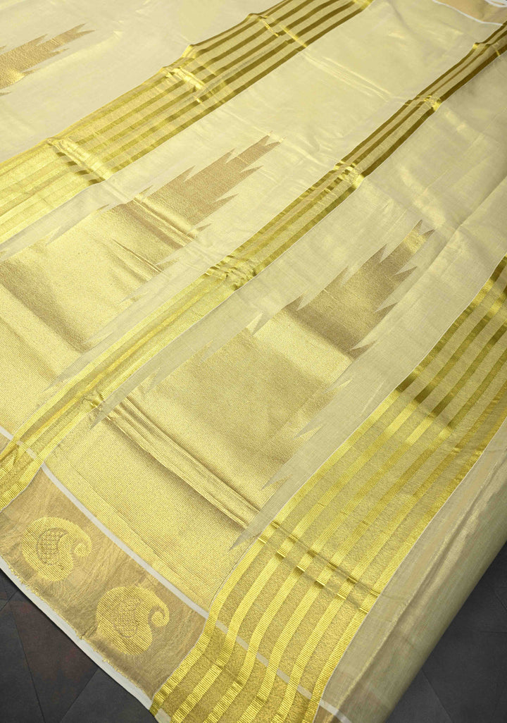 Tissue Cotton Saree with Elongated Temple Zari Motifs