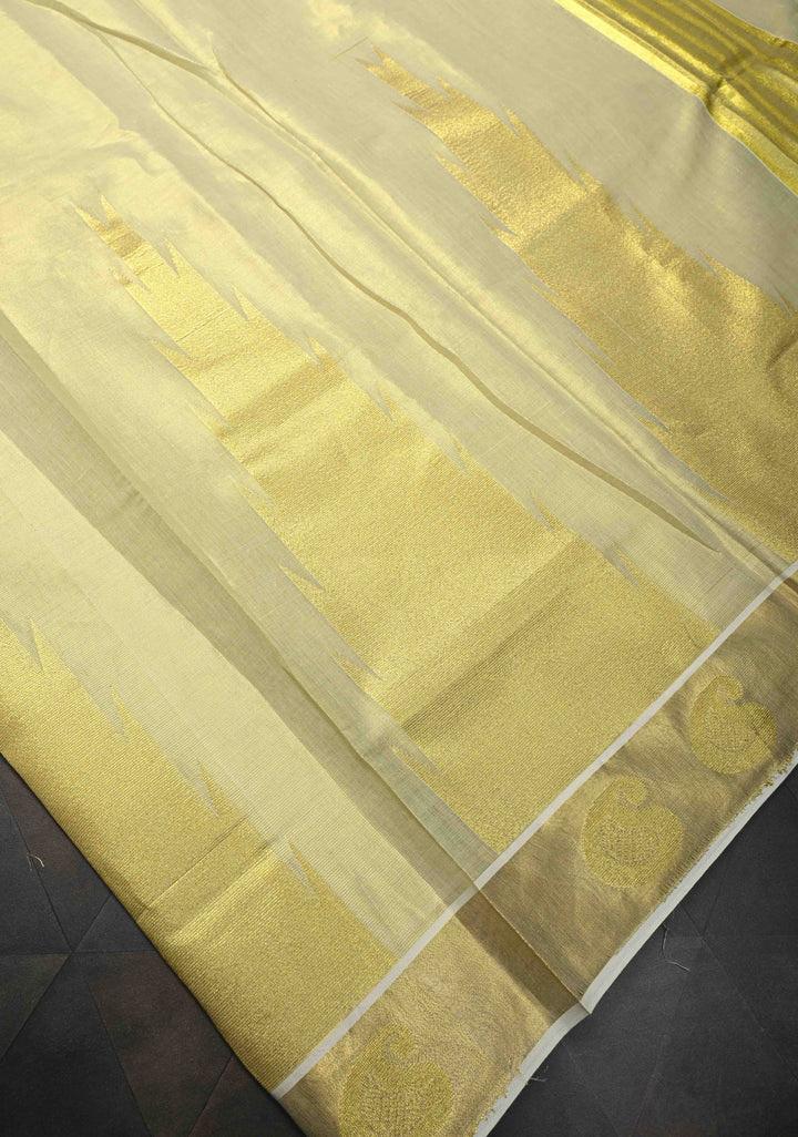 Tissue Cotton Saree with Elongated Temple Zari Motifs