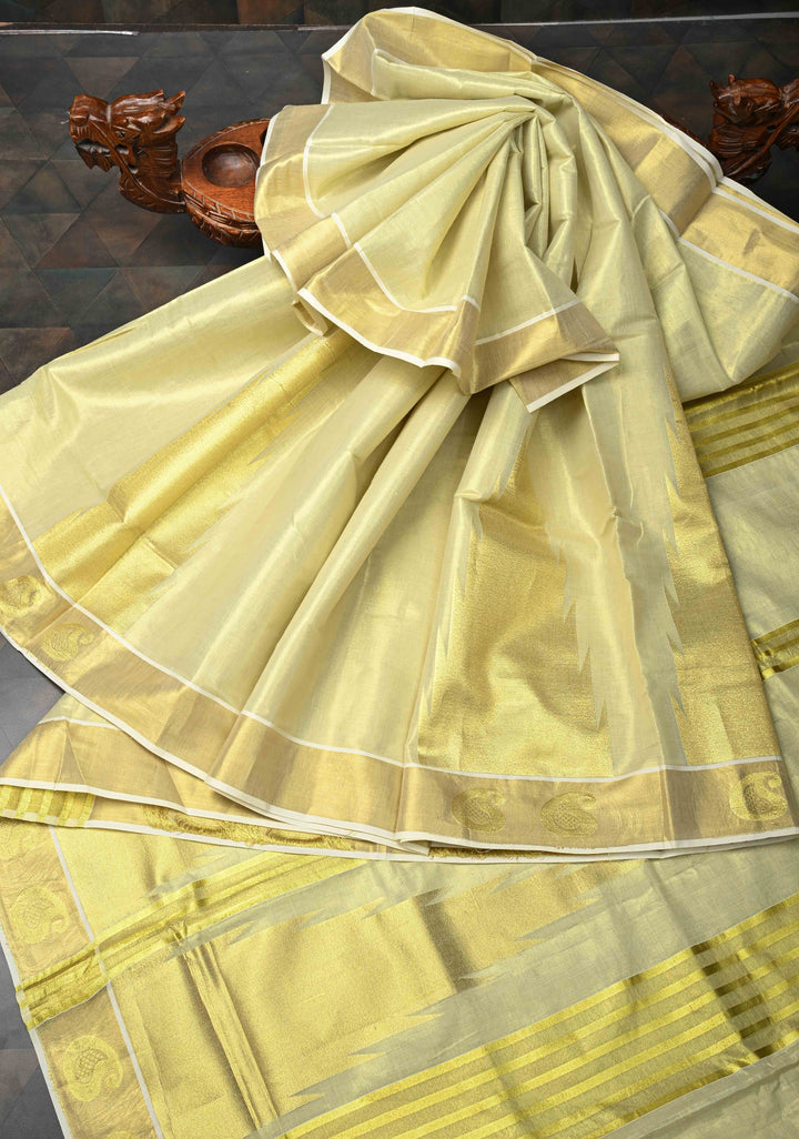 Tissue Cotton Saree with Elongated Temple Zari Motifs