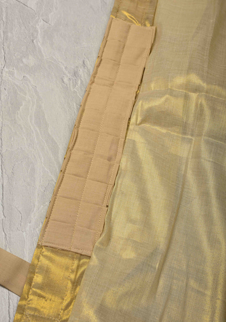 Off White Pre Stitch Adjustable Kerala Kasavu Cotton Tissue Saree with Zari Borders and pocket