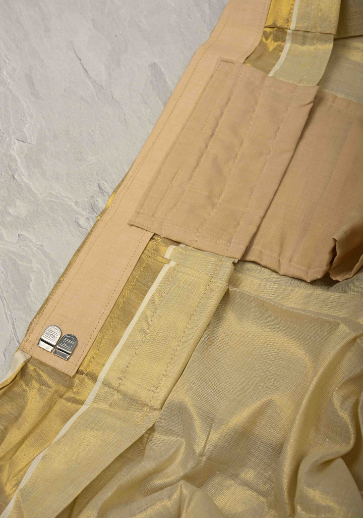 Off White Pre Stitch Adjustable Kerala Kasavu Cotton Tissue Saree with Zari Borders and pocket