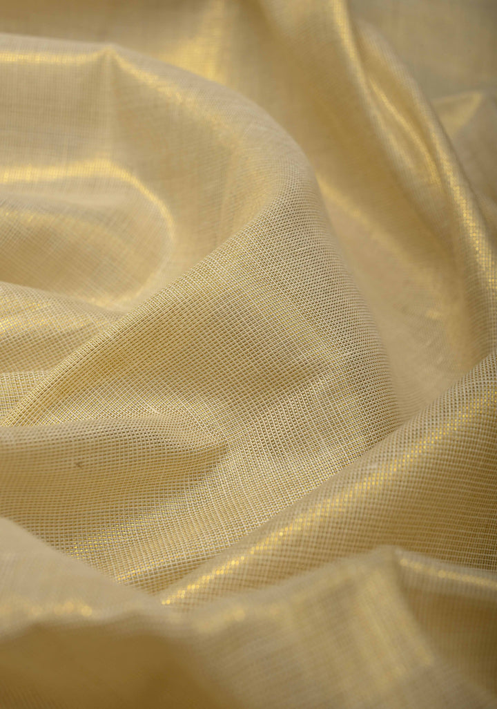 Off White Pre Stitch Adjustable Kerala Kasavu Cotton Tissue Saree with Zari Borders and pocket