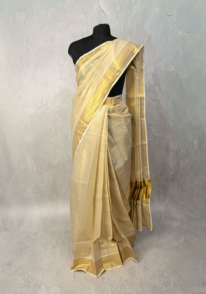 Off White Pre Stitch Adjustable Kerala Kasavu Cotton Tissue Saree with Zari Borders and pocket