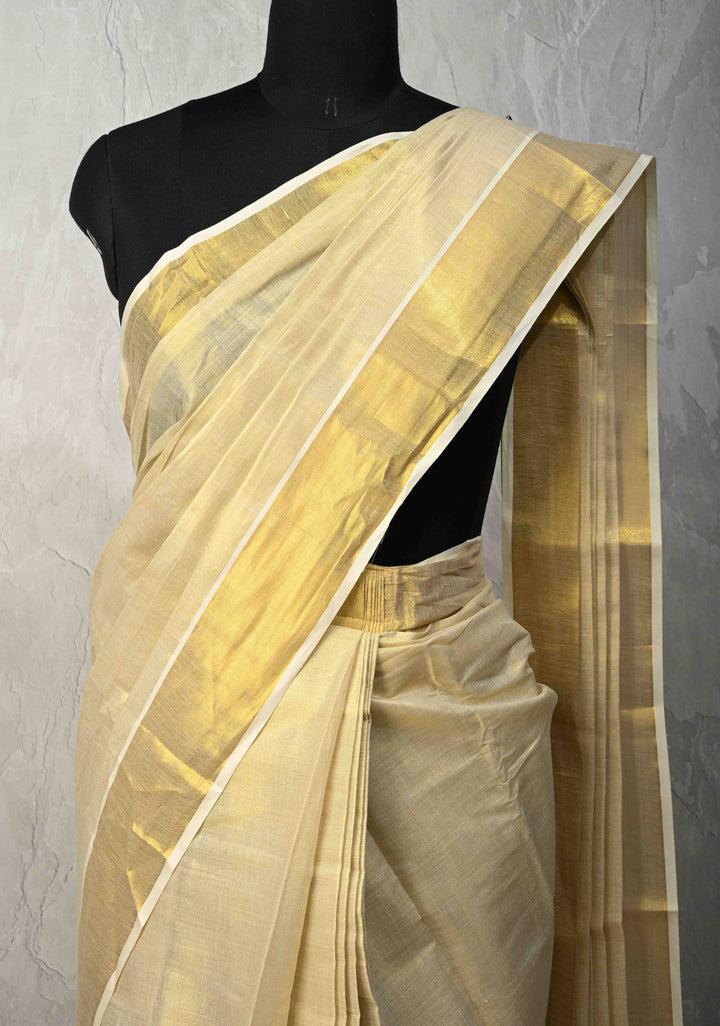 Off White Pre Stitch Adjustable Kerala Kasavu Cotton Tissue Saree with Zari Borders and pocket