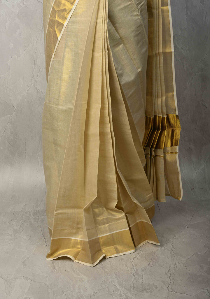 Off White Pre Stitch Adjustable Kerala Kasavu Cotton Tissue Saree with Zari Borders and pocket