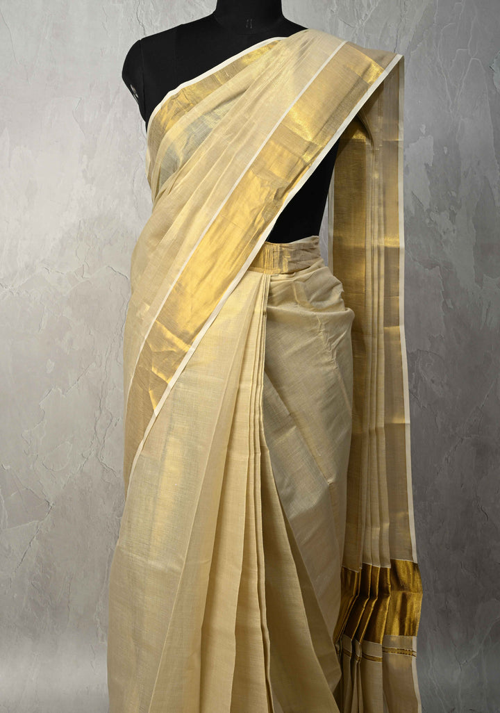 Off White Pre Stitch Adjustable Kerala Kasavu Cotton Tissue Saree with Zari Borders and pocket