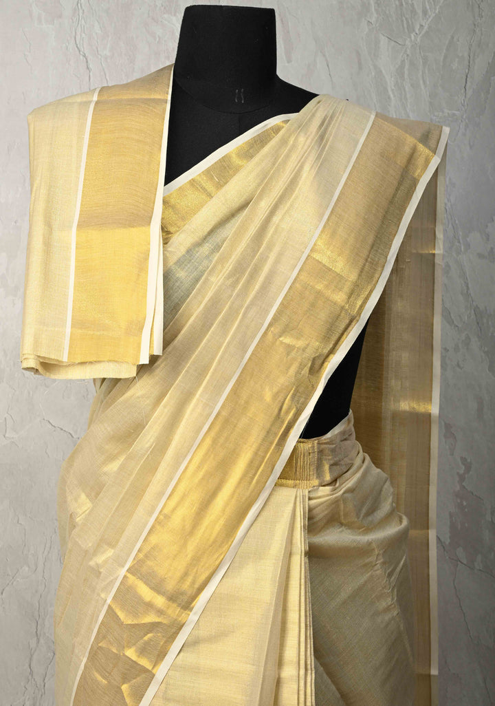 Off White Pre Stitch Adjustable Kerala Kasavu Cotton Tissue Saree with Zari Borders and pocket