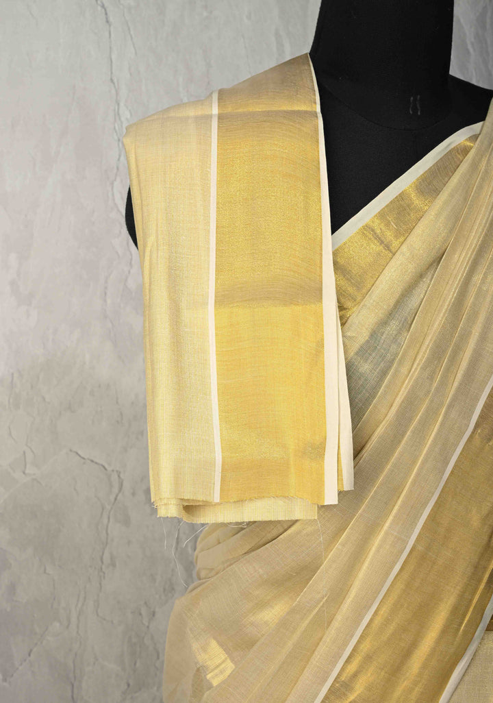 Off White Pre Stitch Adjustable Kerala Kasavu Cotton Tissue Saree with Zari Borders and pocket