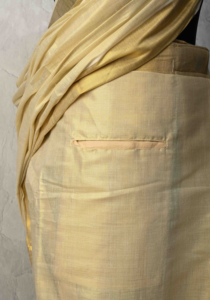 Off White Pre Stitch Adjustable Kerala Kasavu Cotton Tissue Saree with Zari Borders and pocket