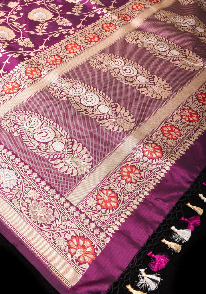 Purple Banarasi Katan Silk Saree with Meenakari and Alfi Floral Jaal Pattern | SILK MARK CERTIFIED