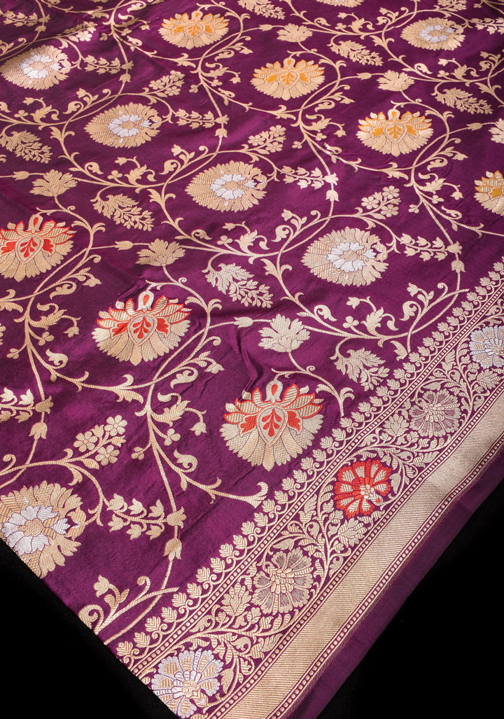 Purple Banarasi Katan Silk Saree with Meenakari and Alfi Floral Jaal Pattern | SILK MARK CERTIFIED